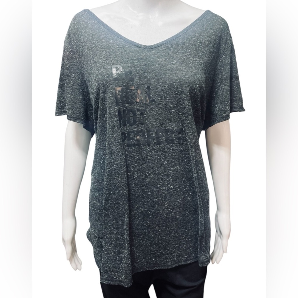 B Active “Be Real Not Perfect”  Crisscross Back Gray Short Sleeve T-Shirt Sz 22
